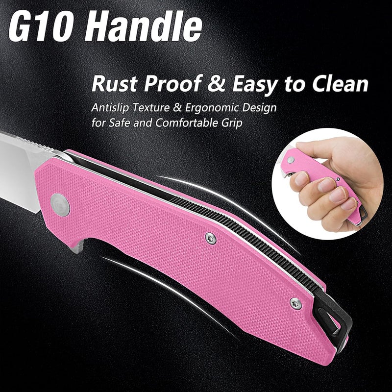 FLISSA Pocket Knife, Folding Tactical Knife with G10 Handle, D2 Blade, Liner Lock, Pocket Clip, EDC Knife for Hiking, Camping, Survival, Indoor and Outdoor Activities(Pink) - Image 4